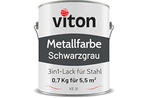 Viton Metallfarbe in Schwarzgrau - 0,7 Kg Metall-Schutzlack Seidenmatt - Dauerhafter Schutz & Beständigkeit - 3in1 Grundierung & Deckfarbe - Metalllack direkt auf Rost - KE31 - RAL 7021 Schwarzgrau