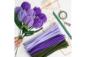 HANCHENG Set di 150 pulitori per pipa a forma di tulipano, con 3 colori (viola chiaro, viola medio, verde foglia), 8 pezzi di filo verde, carta da regalo, nastro per bricolage, nastro adesivo