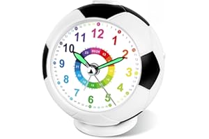 Juboos per ragazzi e ragazze, senza tick con sveglia analogica, calcio, luce notturna, funzione di sonno, sveglia pedagogica per principianti (viola) (weiß schwarz)