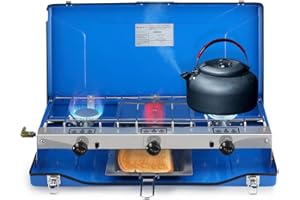 Camplux JK5330 Réchaud de Camping 3 Brûleurs, Réchaud à gaz de Camping avec Couvercle, 4,5 kW, Butane/Propane, 30/37 mbar