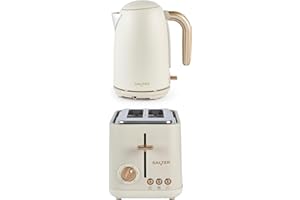Salter Pebble Kettle & 2-Slice Toaster Set - 1.7L 3KW Rapid Boil Electric Kettle with Boil Dry Protection, 815W Wide Slot Toaster with 6 Browning Levels & Defrost/Reheat/Cancel Functions, Stone