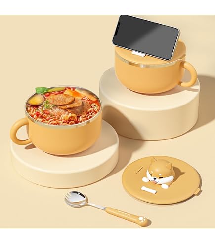 Bol à Ramen Instantané Avec Minuterie - 1200 Ml - Acier Inoxydable - Couvercle Avec Trou D'aération