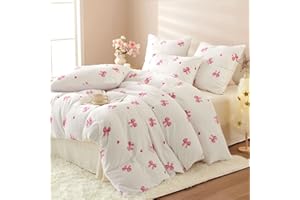 Covebett Winter Flanell Bettwäsche Herz 135x200 Weiß mit Rosa Schleifen Herzen Mädchen Flauschig Plüsch Bettbezug Set 2 Teilig Warm Fleece Bettwäsche-Sets mit Reißverschluss und Kissenbezüge 80x80 cm