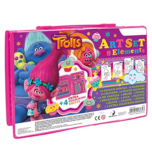 Preisvergleich Produktbild 73 tlg. - Malkoffer - TROLLS - Malset - Schlüsselanhänger / Filzstifte / Fasermaler / Buntstifte / Aquarellfarbe - Schreibset