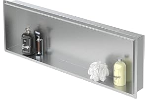 LuxeBath Niche de Douche Encastrée Murale, 90x30x10 cm, en Acier Inoxydable, Argent, sans Rebord, Étagère Encastrable Salle de Bain, Seule Couche, Rangement Articles Toilette, avec Matériel Montage