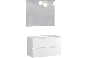 Baikal, Conjunto de baño Natura. Mueble de Baño de Fondo Reducido, con Lavabo cerámico. Distribución Dos Cajones. Mueble MONTADO. Dos Cajones con Espejo. Fondo 36cm 80 cm Blanco