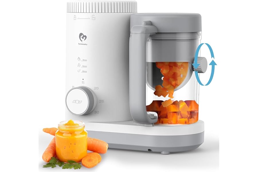 Baby Food Maker Bellababy Baby Food Processor, Puree Blender Steamer with Reversible Steam Basket, One Button Easy Operation & Large Opening for Easy Cleaning (Grey-01)