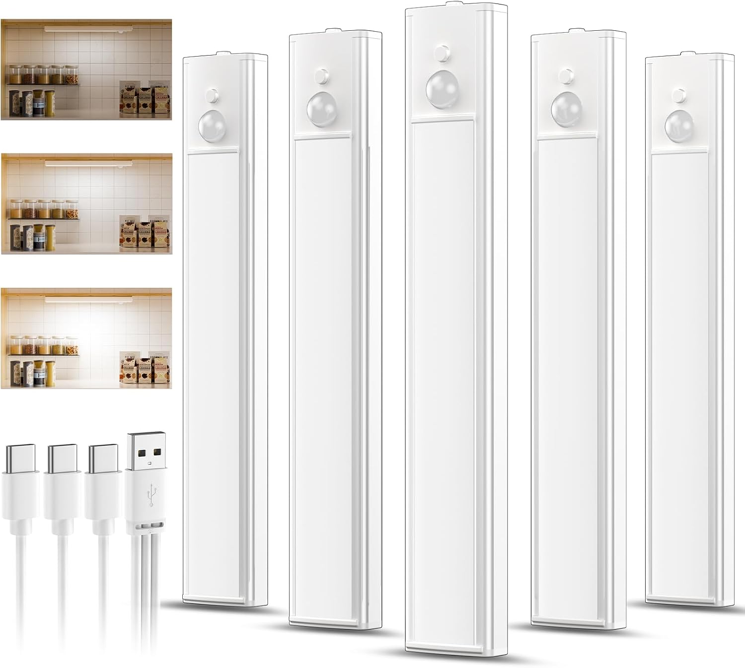 daphomeu 5 Pack Rechargeable Under Cupboard Kitchen Lights, Dimmable Cabinet Light Type-C Charging, LED Motion Sensor Lights Indoor, Magnetic Stick Wireless Light for Shelf Stairs Wardrobe Closet