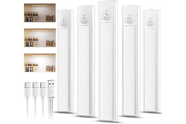 daphomeu 5 Pièce Lampe LED Rechargeable,20CM Blanc Froid Reglette led Cuisine, Lumiere Detecteur de Mouvement Interieur Sous Meuble Placard Eclairage, Intensité Variable, Installation Magnétique