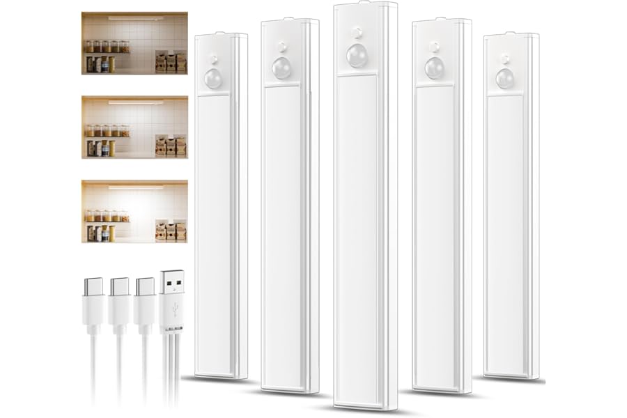 daphomeu 5 Pack Rechargeable Under Cupboard Kitchen Lights, Dimmable Cabinet Light Type-C Charging, LED Motion Sensor Lights Indoor, Magnetic Stick Wireless Light for Shelf Stairs Wardrobe Closet