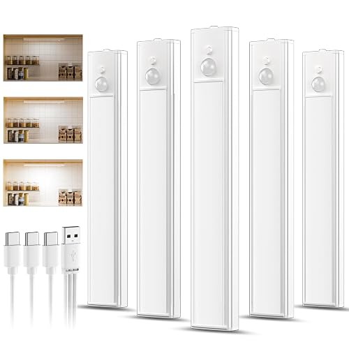 daphomeu Pack of 5 Rechargeable Under-Unit Lights Kitchen LED, Dimmable Night Light with Motion Sensor, 20 cm Cold White Cabinet Lighting, Motion Sensor Indoor for Kitchen, Stairs and Wardrobes