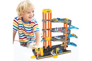 Koolbitz Kids 4-Storey Large Car Parking Lot and Garage Playset Toy with Lift, Spiral Ramps, Fuel Station, Service Area and 4 Cars, 4 Floors of Parking Garage Pretend Play for Boys and Girls ages 3+