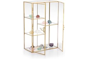 TOLIDA Gold Brass Glass Display Organizer Cabinet with Doule Doors and Lock - 5 Slots Tabletop Storage Holder, Figures Display Case, Decorative Tower Box for Gemstones Agates Rocks Amber