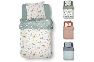 Familando Parure de lit 2 pièces pour enfant 135 x 200 cm + taie d'oreiller 80 x 80 cm – Animaux du zoo safari – 100 % coton renforcé – Avec fermeture éclair
