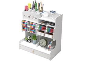 HGGZEG Organizador de escritorio blanco con cajón, soporte para lápices de escritorio, organizador de escritorio de oficina, papelería de oficina, organizador de escritorio para hogar, oficina y escuela
