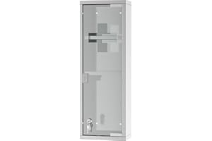 kleankin Armoire à Pharmacie 2 étagères 3 Niveaux 20L x 12l x 58H cm Porte Verre trempé Symbole Croix Acier INOX.