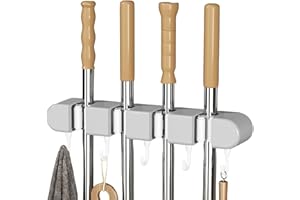 PARFCO Porte Balais Mural, Autocollant Support Balais Mural, Gris Accroche Balai, 4 Clips et 5 Crochets Porte Balai, pour Cuisine, Garage, Jardin, Balcon