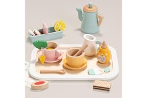 Giant bean Tea Set for Little Girls, Blue Wooden Kids Tea Party Set for Toddlers 3-5 Year Old, Princess Pretend Play Kitchen Accessories