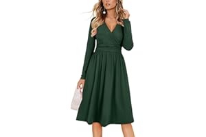 OUGES Kleid Damen Kurzarm/Langarm Sommer Herbstkleid V-Ausschnitt Casual Midi Freizeitkleid mit Taschen
