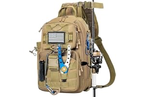 OUUTMEE Sac à Dos de Pêche avec Support de Canne à Pêche, Sac de Pêche Portable en Bandoulière, Sac de Pêche Imperméable et Multi-Poches pour Pêche, Randonnée et Voyage (Kaki)