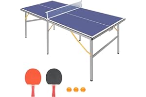 REXOUS 6ft Mid-Size Table Tennis Table Foldable & Portable Ping Pong Table Set for Indoor & Outdoor Games with Net, 2 Table Tennis Paddles and 3 Balls,blue