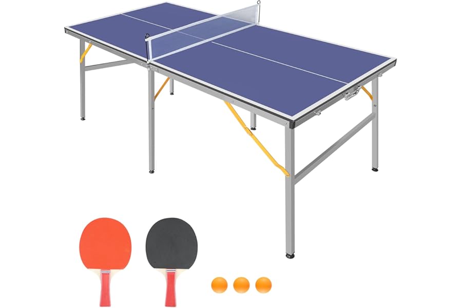 REXOUS 6ft Mid-Size Table Tennis Table Foldable & Portable Ping Pong Table Set for Indoor & Outdoor Games with Net, 2 Table Tennis Paddles and 3 Balls,blue