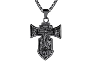 FaithHeart Mens Christian Necklace Personalised Russian Orthodox Eastern Cross Pendant Stainless Steel Crucifix Neck Charm Jesus Christ Jewellery Religious Gift