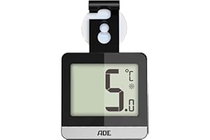 ADE Thermomètre de réfrigérateur numérique (thermomètre peu encombrant avec grand écran, thermomètre d'ambiance réfrigérateur congélateur à poser/suspendre avec aimant, ventouse) noir | WS1832