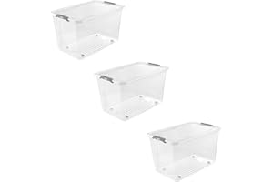 keeeper leo 3x Aufbewahrungsbox mit Deckel und Rollen, 56 L, 59 x 38 x 35,5 cm, Clipbox, Transparent