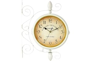 TUZSOCR Horloge murale double face style rétro antique horloge murale de gare avec design en fer forgé, horloge à piles avec chiffres arabes style rétro horloge de jardin pour gare, couloir ou jardin (blanc)
