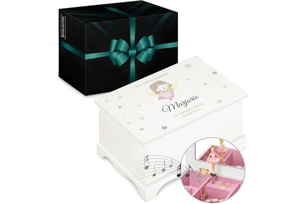 Maverton Boîte à Bijoux Musicale personnalisée avec ballerine - 17x11x9 Coffret à trésors avec impression - Cadeau fille - Boite Rangement Bijoux - Cadeau Bapteme Fille - baptême - deco - Petit ange