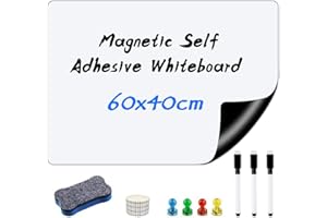 SWETHAW Magnetic Whiteboard, 40 * 60CM Self Adhesive Dry Wipe White Board for Any Smooth Surface Home Kitchen Fridge Shopping List and Office Notice Board with 3 Markers, 4 Magnets, 1 Eraser
