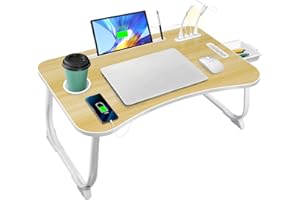 AirOpen Stolik Pod Laptopa, Składany Stolik z 4 Portami USB do ładowania, Szufladą, Podstawka pod Tablet, Miejscem na Kubek, Uchwytem do Przenoszenia, do łóżka, Sofy, Podłogę (60x40cm, Kolor Drewna)