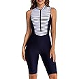 Women's Boyleg Racerback One Piece Swimsuit Knee Length Zip Front Sports Bathing Suit
