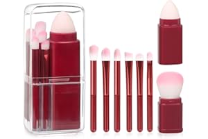SRUIDYLADY 8 piezas juego de brochas de maquillaje, portátil set de pinceles maquillaje para polvos, colorete, correctores, ojos, retractiles brochas pequeñas viaje maquillaje, con estuche (rojo)