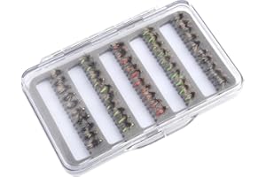 ARMYJY 50-teiliges Fliegenfischen-Set, 5-farbig, kleine Fliegenfischen, Trockenfliegen, Nassfliegen, Sortimentskit, bionisches Fliegenzubehör zum Angeln