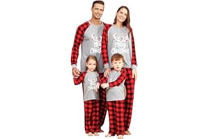 IFFEI Christmas Pyjamas Matching Family Pajamas Sets Xmas Pjs Letter Print Tops and Plaid Pants Sleepwear Nightwear for Women Men Kids Baby Pet