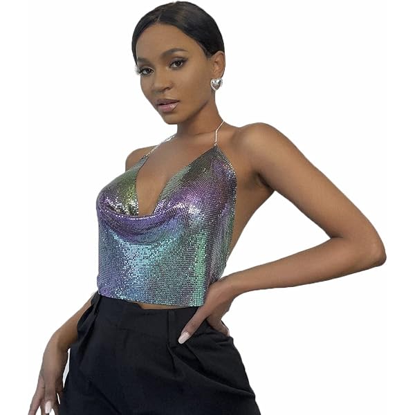 Produktbild von IYOU Pailletten Bodykette Crop Top - Sexy Weste Mit Metall Glitzer Für Party & Festival