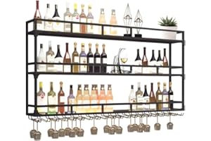 RAJYQODIS Estante para vino montado en la pared, soporte industrial para copas de licor de 3 niveles, estante colgante de metal para exhibición de botellas de vino, decoración para el hogar, bar (noir, 120cm)