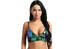 YEAHDOR Women's Glittery Sequins Wire-Free Bra Triangle Bralette Removable Pad Crop Top Party Clubwear