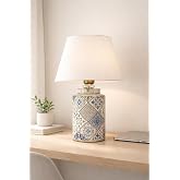 Desenli Seramik Abajur Beyaz Modern Masa Lambası, E27 Duy, 31&ndash;45 cm &ndash; Lent Handmade