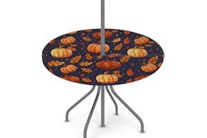KNEMI Round Garden Table Cloth With Parasol Hole, Fall Pumpkin Outdoor Circular Fitted Tablecloth With Umbrella Hole Waterproof Elastic Edged Table Cover For Party Picnic, Fit For 45"-56" Round Tables