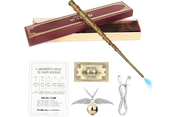 Hojalis Baguette Hermione Granger, 37CM Baguette Hermione avec Noyau Acier, Réplique De Baguettes en Résine, USBBaguette Harry Boîte Cadeau vec Carte de Sort, Ticket de Station et Collier