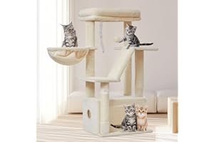 Taoqimiao Tiragraffi per Gatti, 97cm Stabile Albero Tiragraffi per Gattii con 1 Grotte, 1 Cestini, 4 Pali Graffiatoi, 1 piattaforme, Materiale di Flanella Morbida, Beige MS029SM