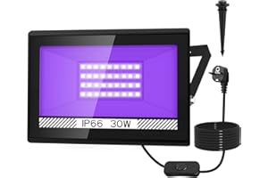 NATPOW Lumière Noire LED 30W, 400nm Lumiere Noir Soiree Fluo, IP66 Etanche Lampe UV avec Prise et Piquets au Sol, Projecteur LED UV pour Body Painting, Aquarium, Bar, Fête, Halloween (1 pièce)