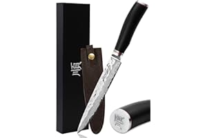 YOUSUNLONG Couteaux à découper 20,3cm Couteaux à trancher - japonais acier damas - Manche en bois de plomb naturel avec étui en cuir