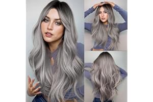 ‎SALAIBS Salaibs Grau Lang Locken Damen Perücke Dunkle Wurzel Wellige Mittelteil Haar Perücke Synthetische Hitzebeständige Faser Tägliche Cosplay Perücke