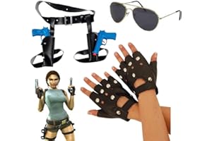 Mega_Jumble Twin Guns Thigh Holster-Lara Croft Style Tomb Raider Fancy Dress Accessories Guns Holster Glasses Plaits and Gloves (3 Piece Set)