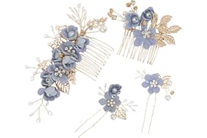 QEQSHQO Tocados de Pelo Dorado para Boda Azul - 4 Piezas Peinetas con Perlas y Strass para Novias, Damas de Honor y Mujeres