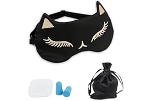 Masque de Sommeil, ProChosen Confortable Doux en Soie Naturelle Occultant Chat Masque de Nuit avec Bouchons d'oreille et Sangle Réglable, Sleeping Mask pour Femmes et Hommes Voyage Sieste Noir